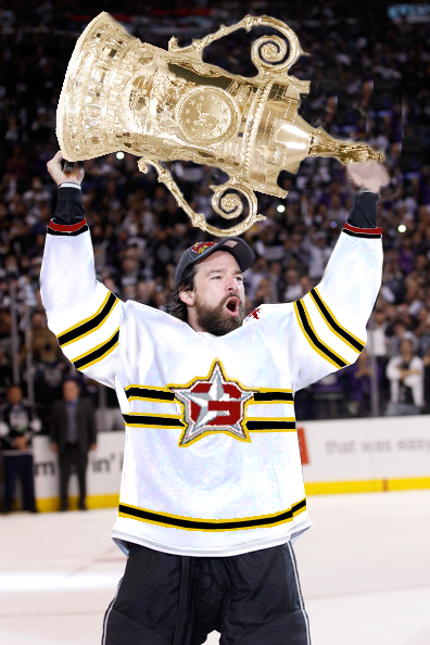 Justin Williams, who was a plpus 10 in 21 playoff games for Geneva, skates the Cup around the Copenhagen rink.