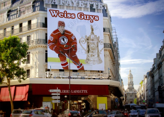 A billboard in Copenhagen shows Stephen Weiss of the Tridents with his eyes on the Cup.