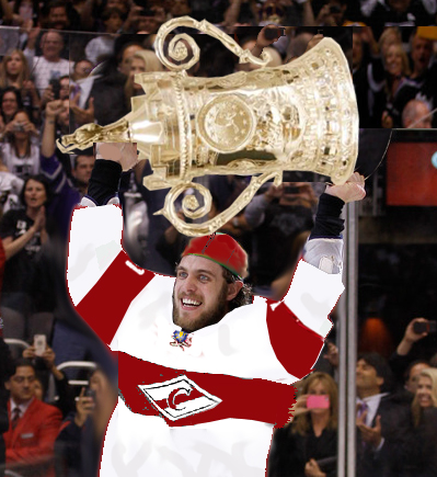 Moscow's Anze Kopitar, who scored the eventual game-winner Thursday night, skates with the cup.
